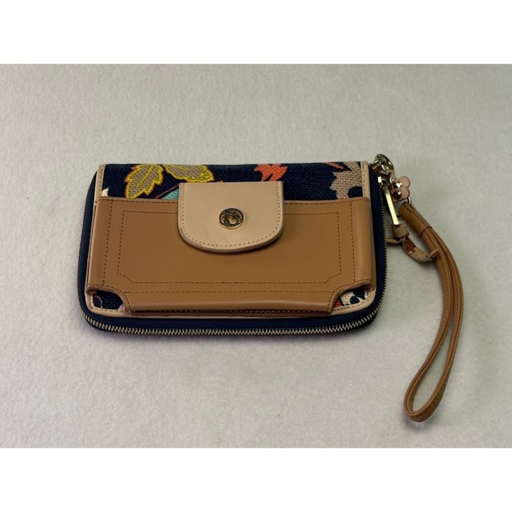 Spartina 449 Floral Linen Leather‎ Wristlet Wallet Blue Tan  Strap